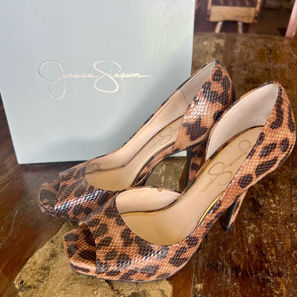 Jessica Simpson Leopard/Snakeskin Peep Toe Stiletto Heels (Size 8.5)